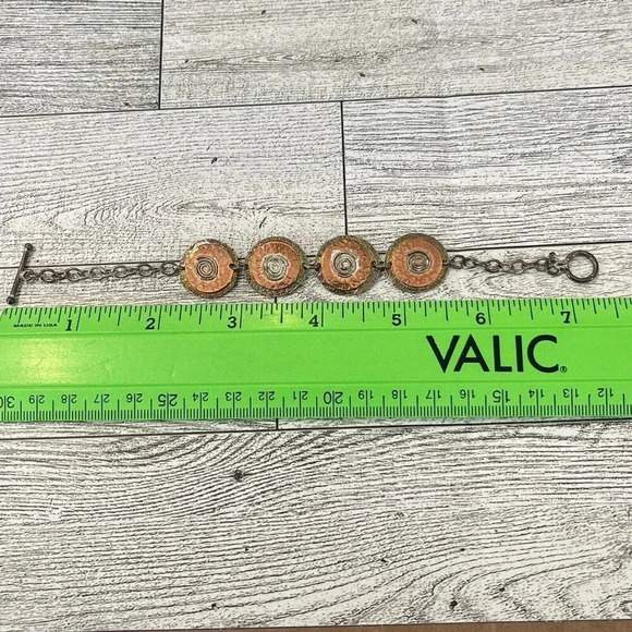 Silver tone and copper Circle Disk toggle bracelet 7 inch - Picture 6 of 6